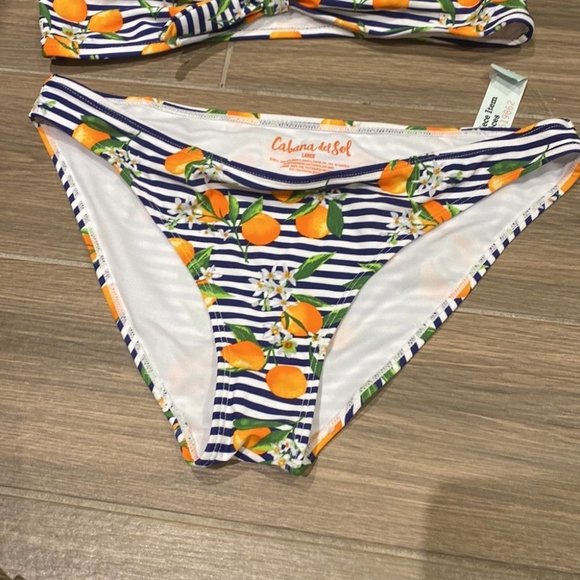 Cabana Del Sol Women Orange Print Stripes Blue Bathing Suit Bikini Size Large - Picture 4 of 5